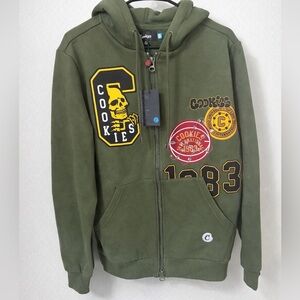 Cookies Olive Green Zip-Up Hoodie with Patches - Medium, Brand New with Tags